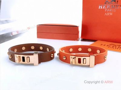 AAA Replica Hermes Leather Bracelet with Rose Gold Buckle